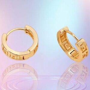18k Gold Plated Greek Key Huggie Hoop Earrings 1/2”